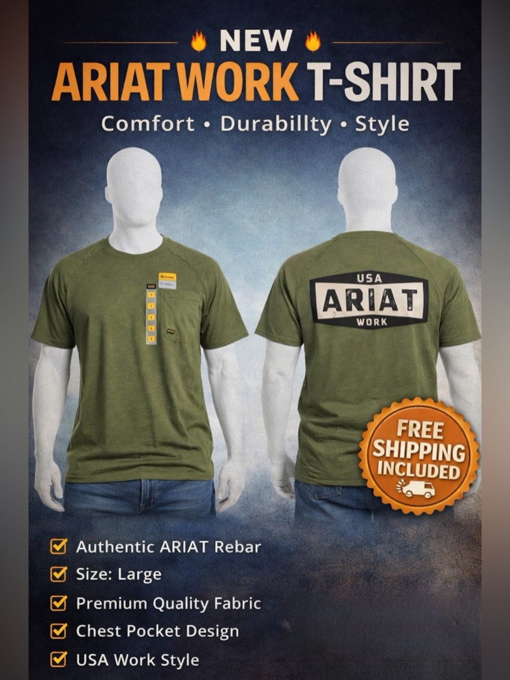Ariat Olive Green Short Sleeve Work Tee with USA Back Logo
